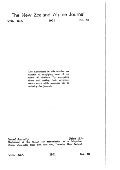 New Zealand Alpine Journal 1961 Vol 19 No 48 cover